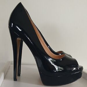 Black Patent Peep-Toe Platform Stiletto Heels